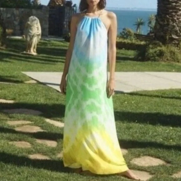Amanda Uprichard | Julie Rainbow Tie Dye Pocket Sleeveless Halter Maxi Dress S - Picture 17 of 17